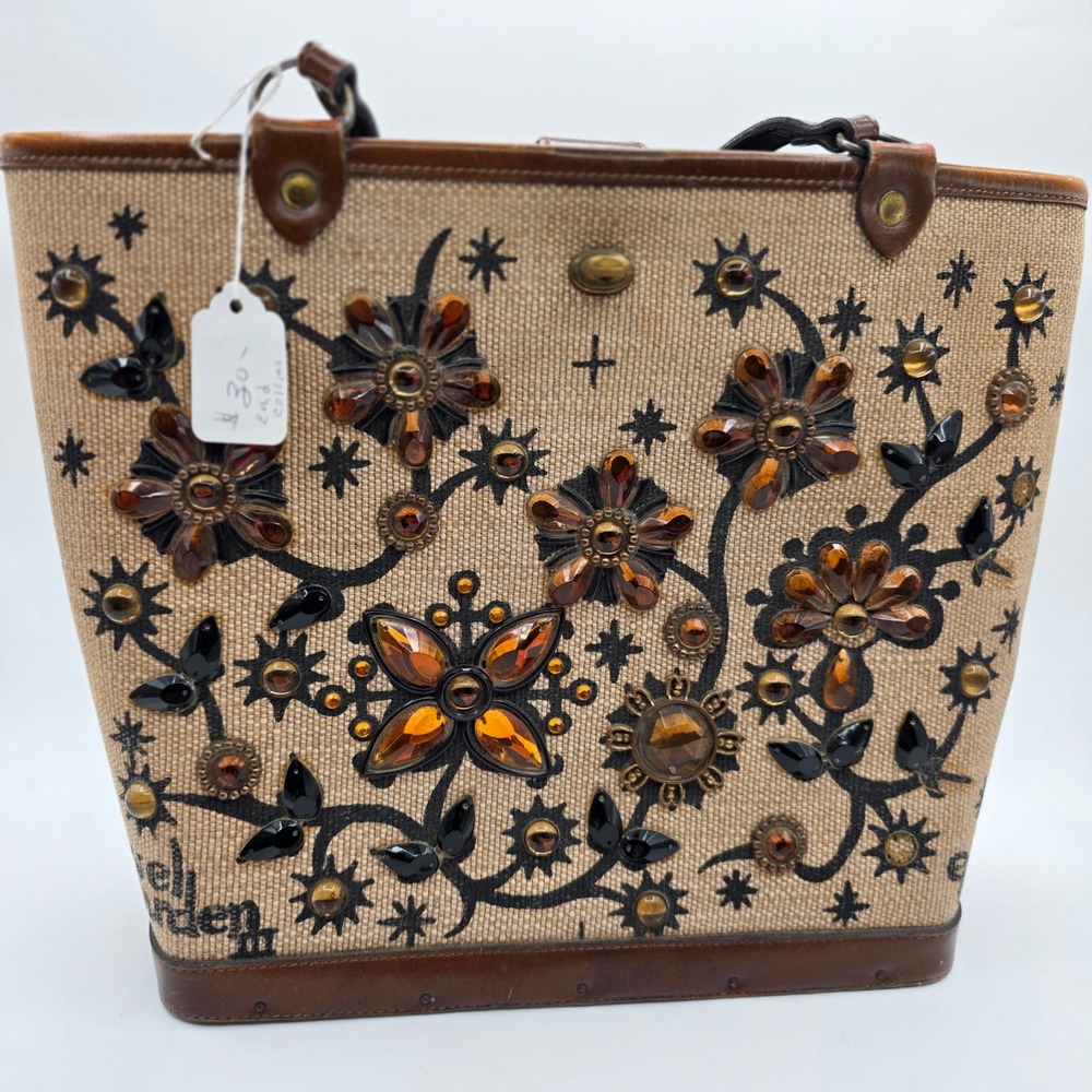 Enid Collins Jewel Garden III Vintage 1960s Beaded Canvas Leather Bag Tote